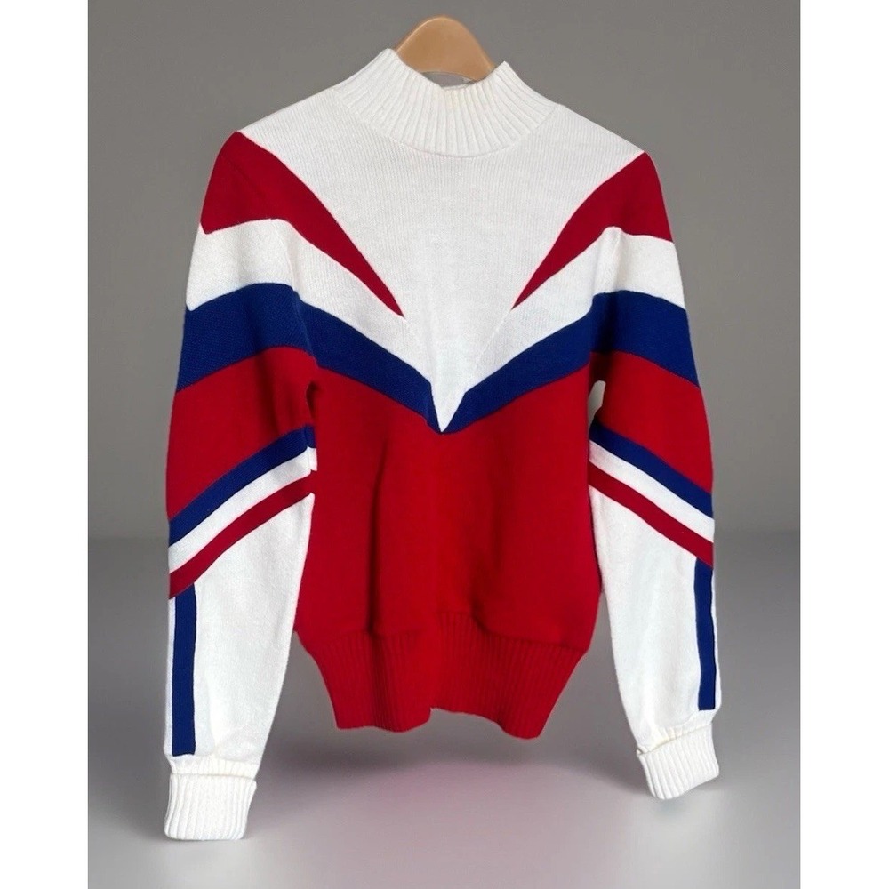 Vintage 80s Apres Ski Sweater Red White Blue Colorblock‎ Mock Neck Ski USA Made